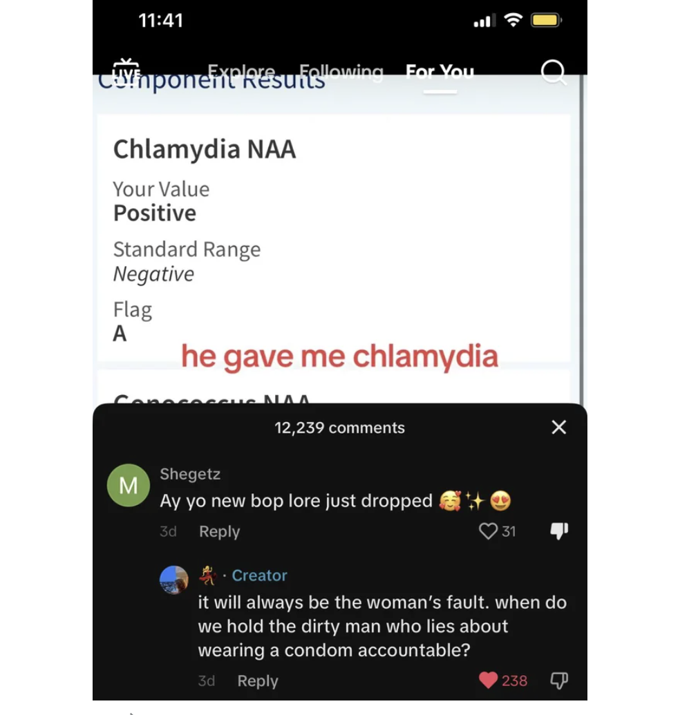 screenshot - Cymponent Resuellowing For You Chlamydia Naa Your Value Positive Standard Range Negative Flag A M he gave me chlamydia Naa 12,239 Shegetz Ay yo new bop lore just dropped 3d 31 Creator it will always be the woman's fault. when do we hold the d
